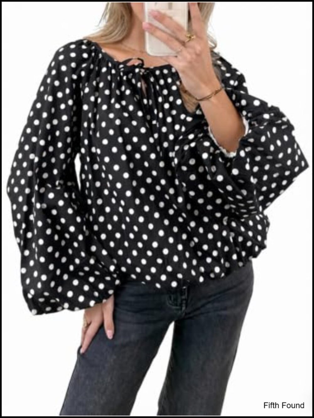 Womens Polka Dot Balloon Sleeve Blouse Long Sleeve Boat Neck Bow Tie Top